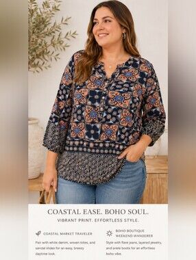 Ruby Rd. Woman 1X Mosaic Medallion Print 3/4 Sleeve Button Blouse